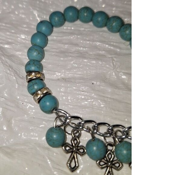 Blue Stone Women's Stretch Charm Bracelet Dyed Howlite Rhinestone Boho - Picture 7 of 7